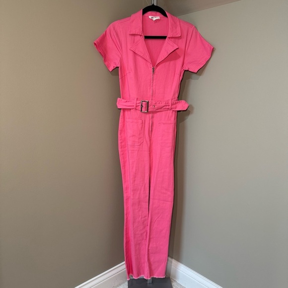 Day+Moon Zip Front Belted Denim Romper Hot Pink Size Small - Picture 1 of 5